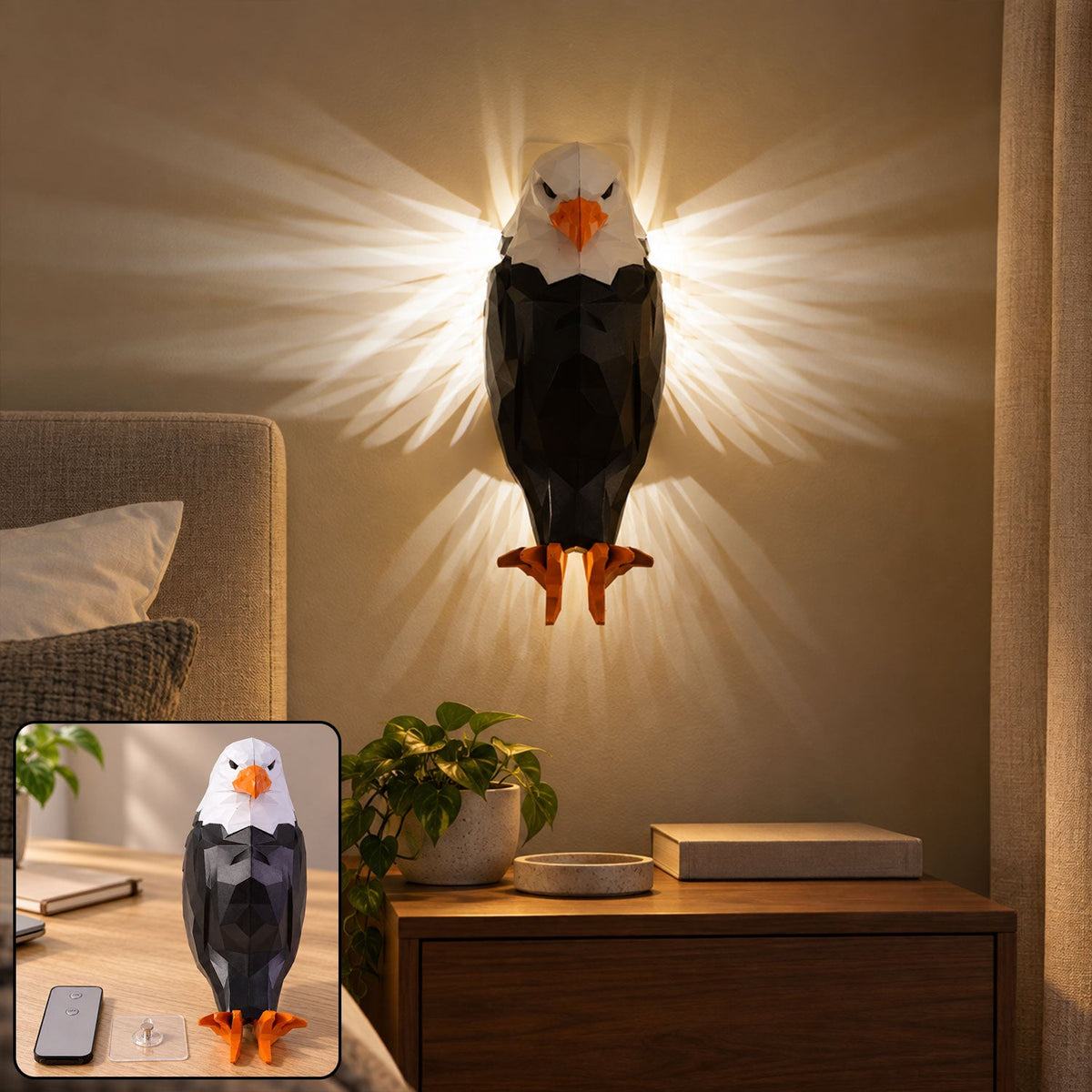 Wukusy eagle-shaped LED ambient wall light with remote control and magnetic holder, mounted on a wall for decorative lighting.
