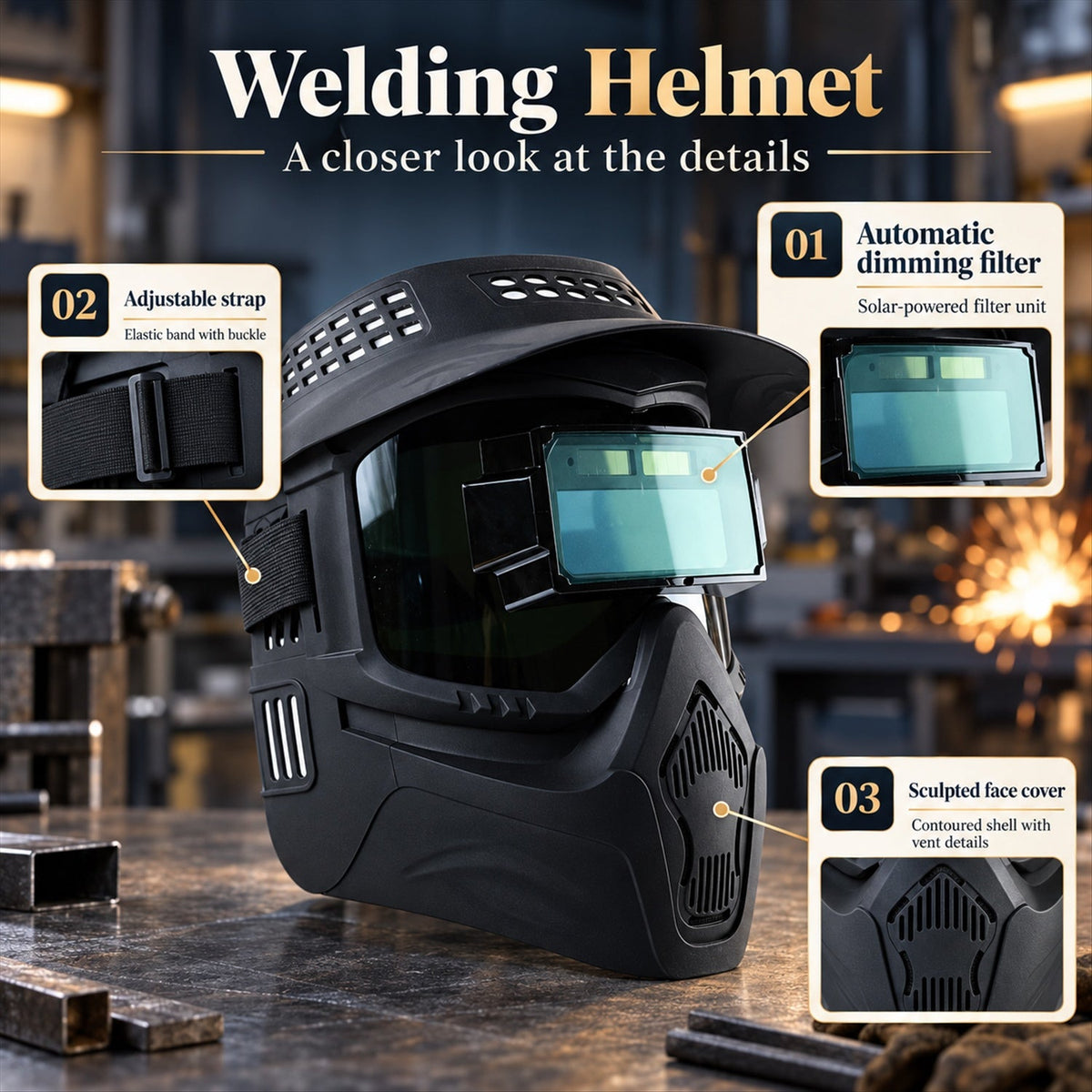Wukusy automatic dimming welding mask with solar-powered filter, showing the mask's front view and adjustable headgear.