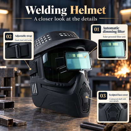 Wukusy automatic dimming welding mask with solar-powered filter, showing the mask's front view and adjustable headgear.