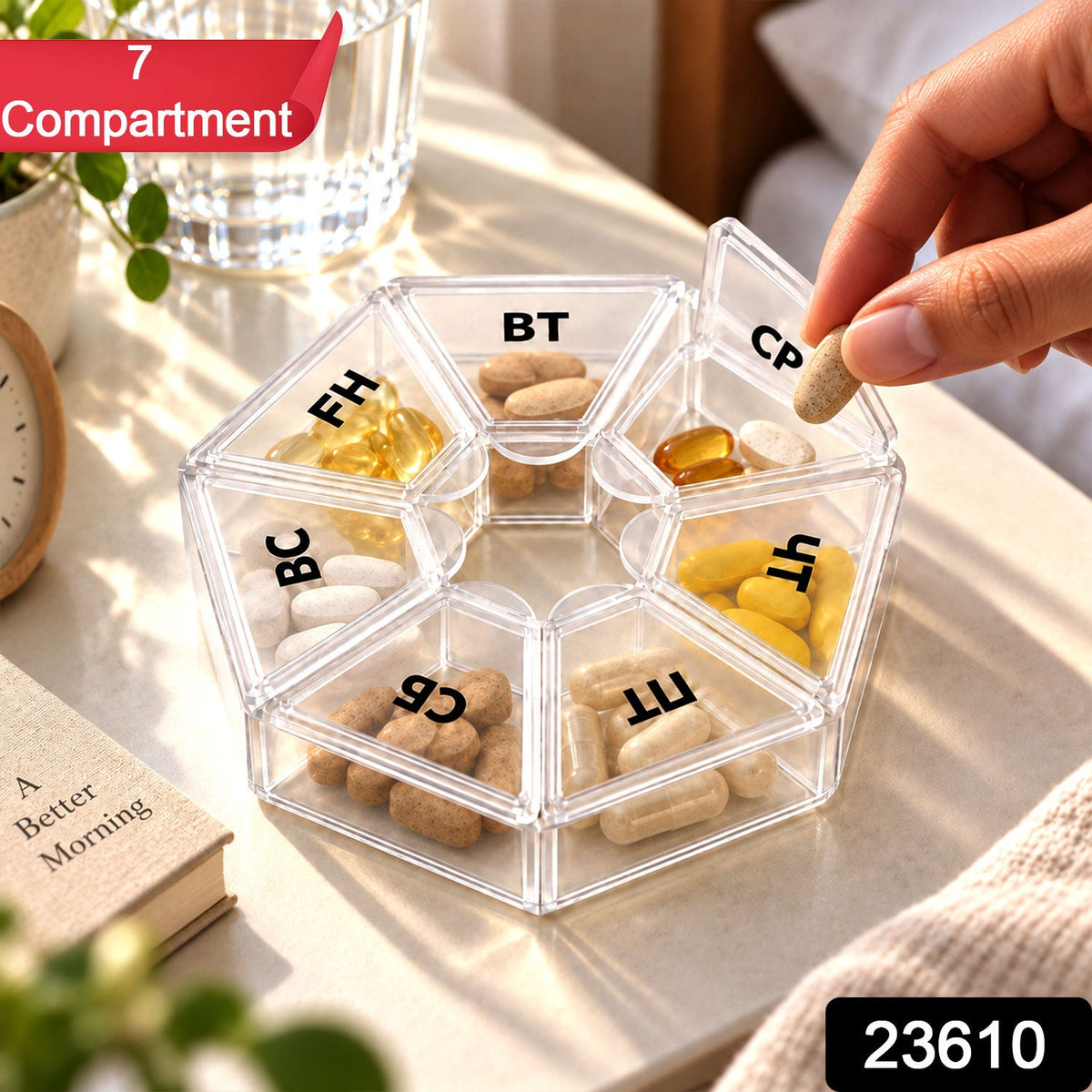 Wukusy medicine pill box with clear flip lids, 7 compartments for weekly travel storage, compact and organized pill organizer.