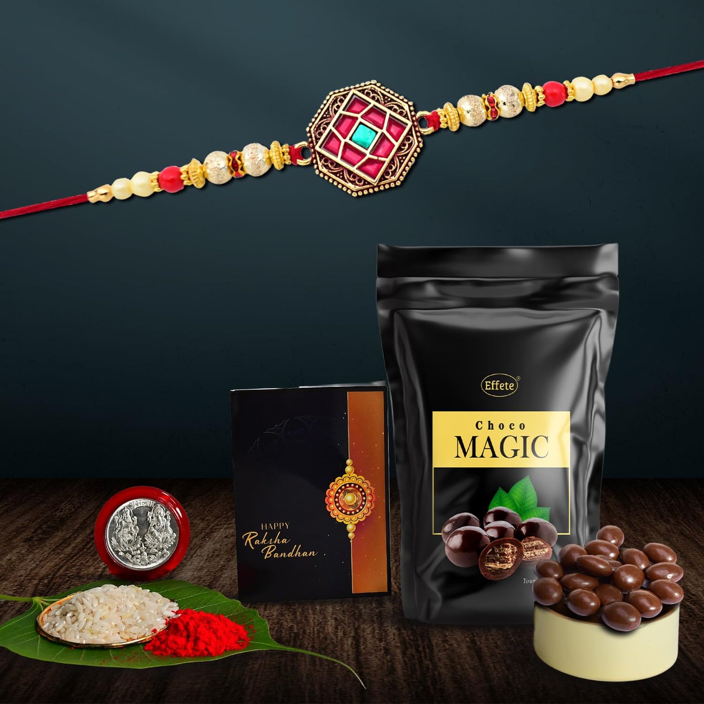 Wukusy Choco Magic Rakhi with chocolate in pouch, designed for brothers, featuring a decorative chocolate-themed Rakhi with gift set