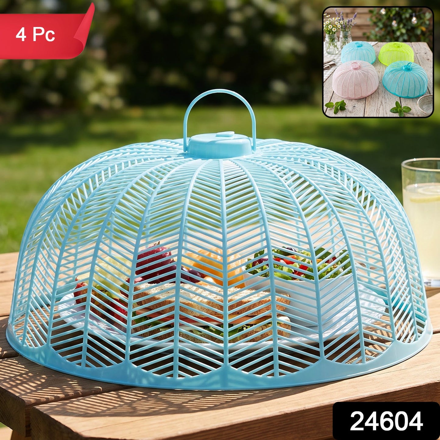 Plastic Mesh Food Cover Set With Carry Handles For Kitchen And Dining Use (4 Pc)