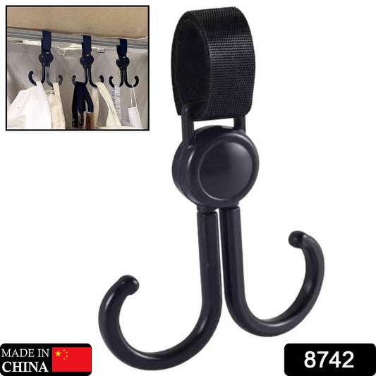 Black Wukusy multi-purpose pushchair hook clip with 360-degree rotation, suitable for strollers, bags, wheelchairs, and shopping trolleys.