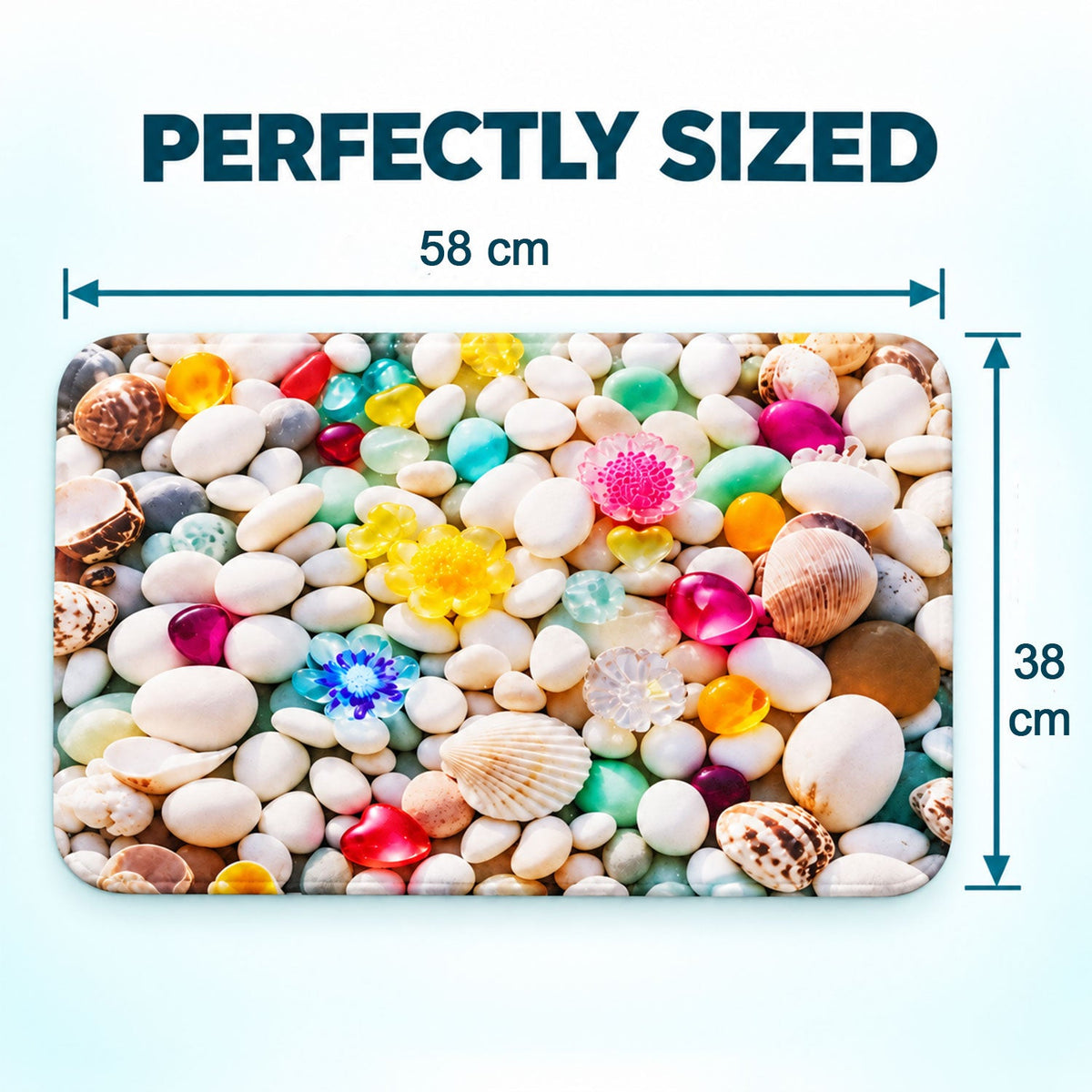 Wukusy 3D pebble stone shower mat with seashell print, water-absorbent rug in beige with textured pebble design, 58x38 cm size.