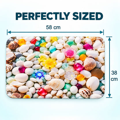 Wukusy 3D pebble stone shower mat with seashell print, water-absorbent rug in beige with textured pebble design, 58x38 cm size.