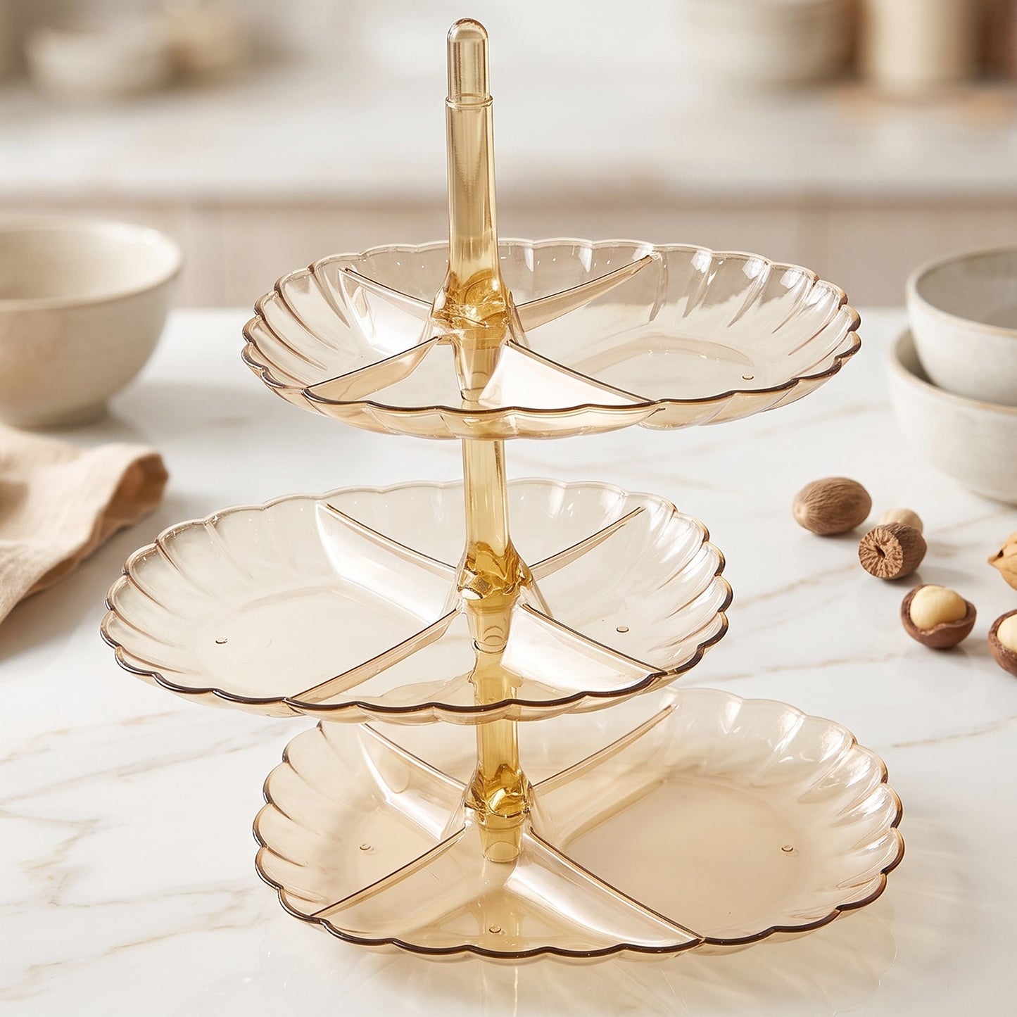 Wukusy acrylic 3-tier snack and dessert serving stand with clear tiers, ideal for parties and home entertaining.