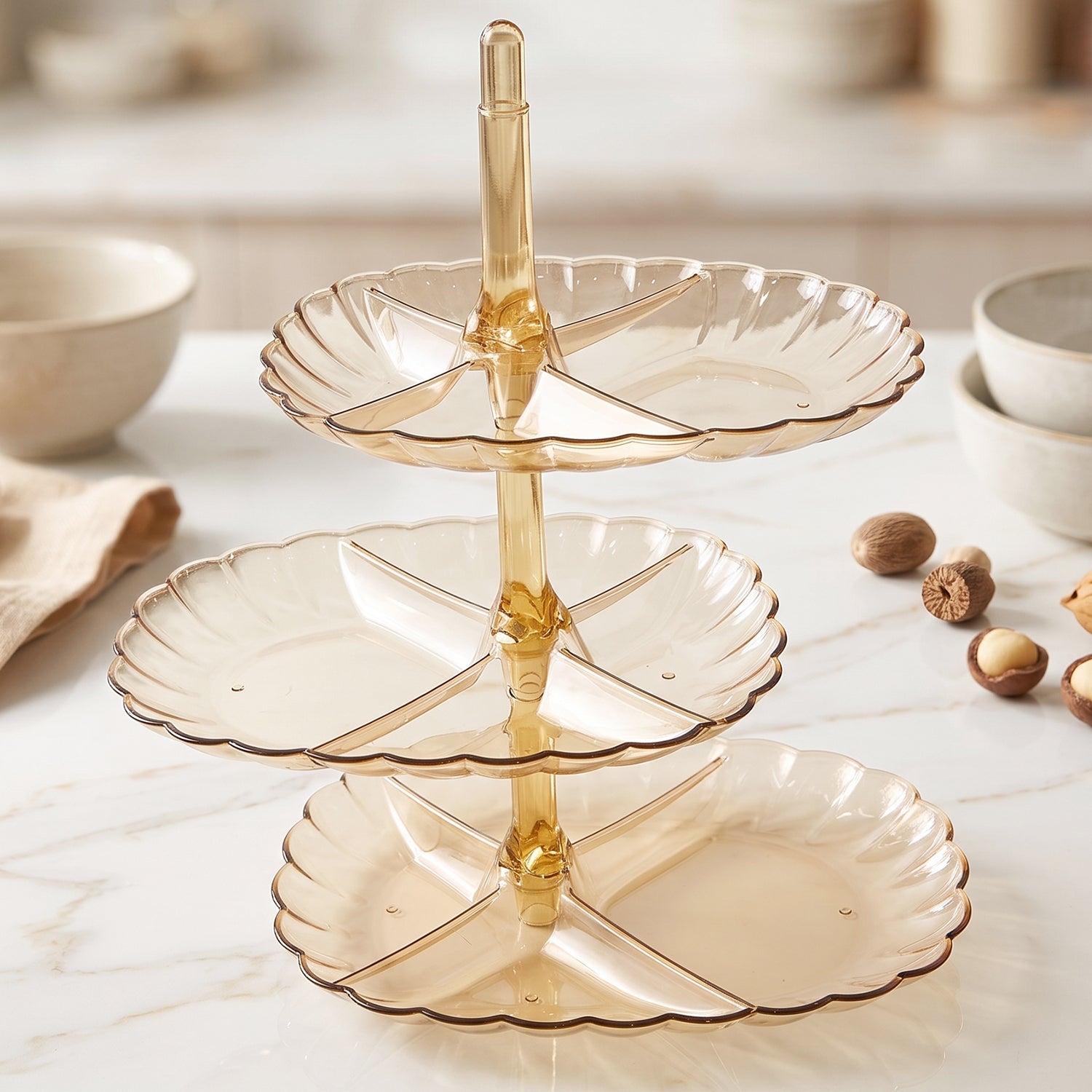 Wukusy acrylic 3-tier snack and dessert serving stand with clear tiers, ideal for parties and home entertaining.