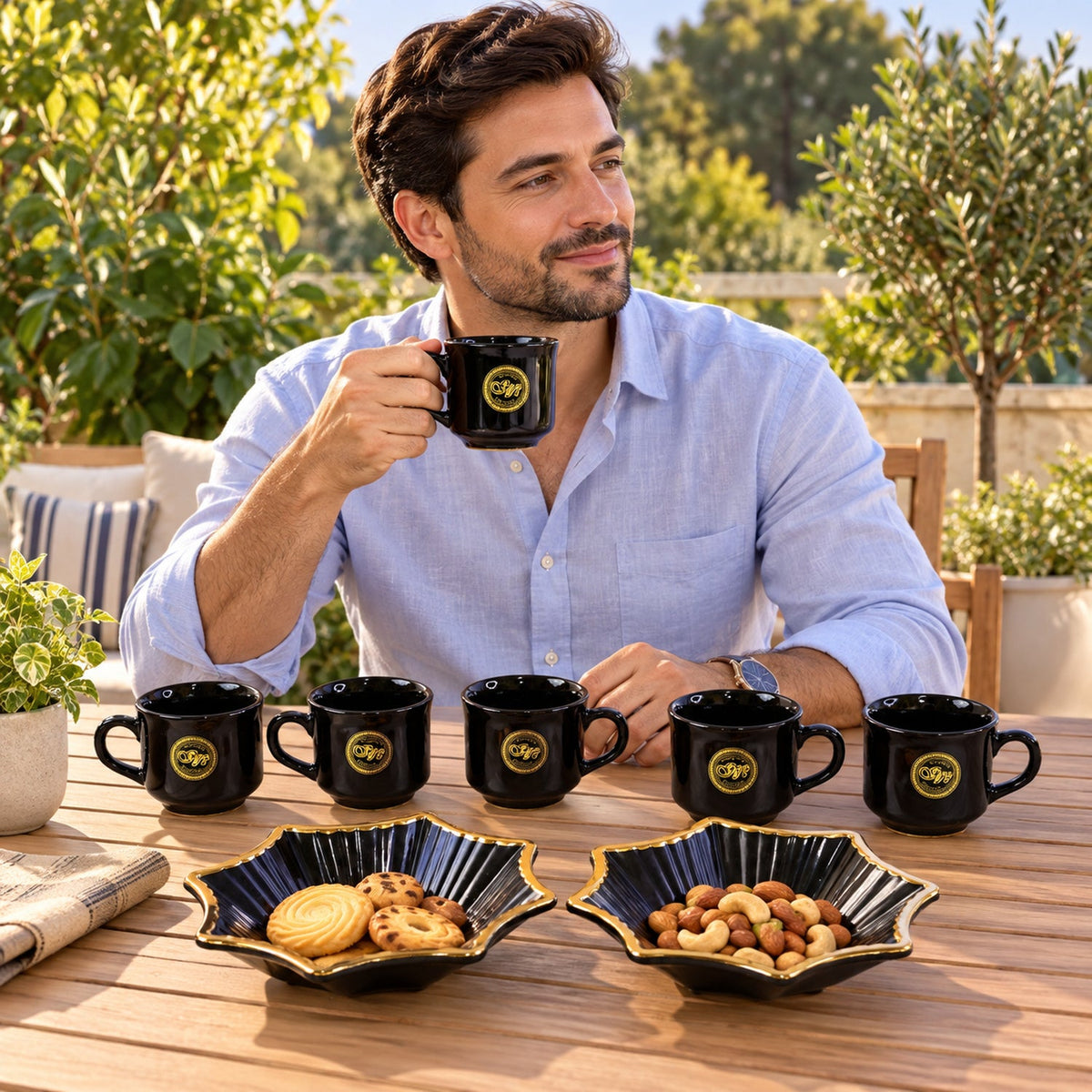 Wukusy star-shaped snack serving bowl and tea cup set with platter, 8-piece gift set, ideal for entertaining and presentation