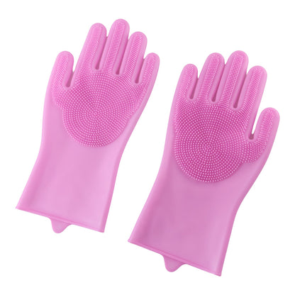 Pink Silicone Cleaning Gloves With Scrubbing Bristles For Kitchen Washing (1 Pair)
