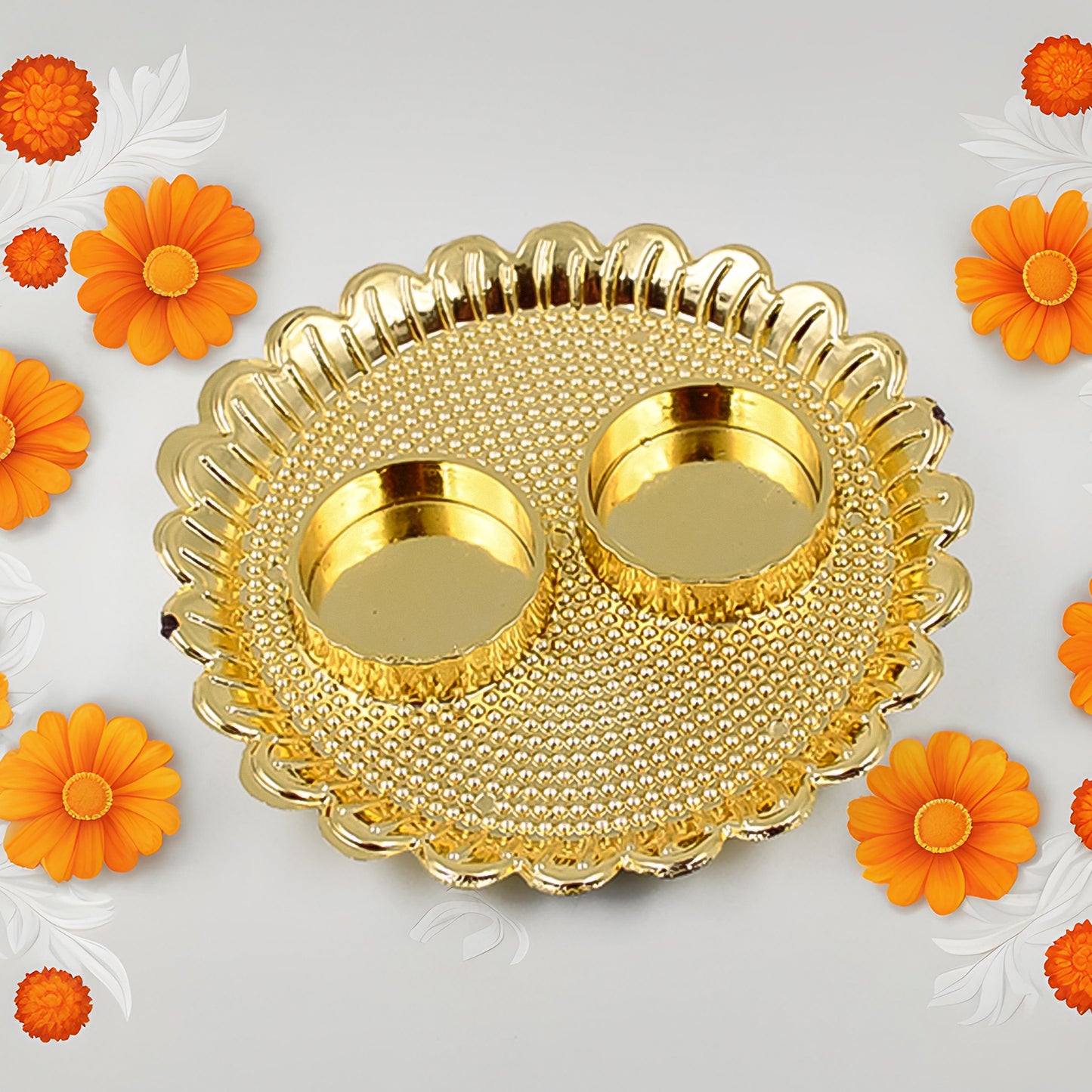 Round Wukusy Puja Thali with Kumkum holder, large size, traditional Indian prayer plate with decorative design and compartments.