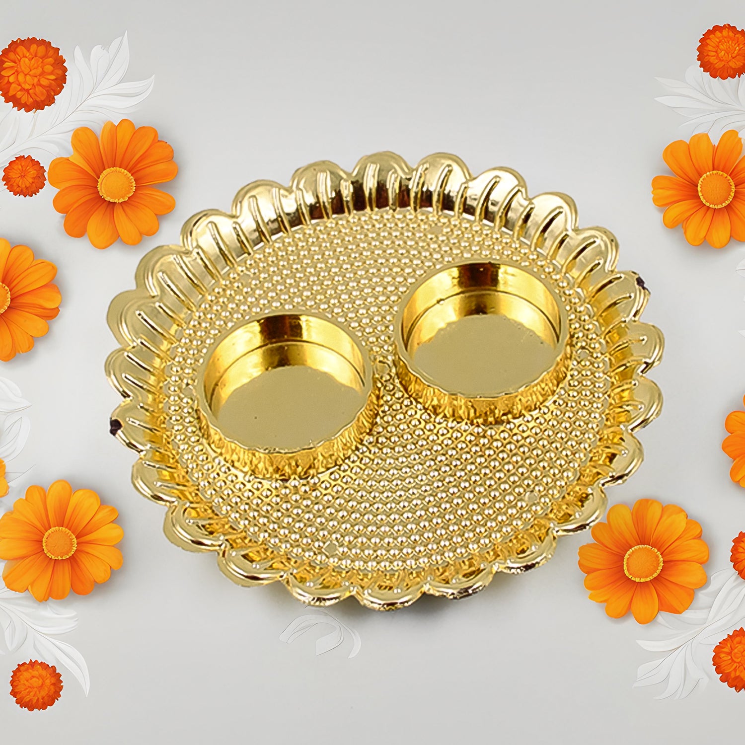 Round Wukusy Puja Thali with Kumkum holder, large size, traditional Indian prayer plate with decorative design and compartments.