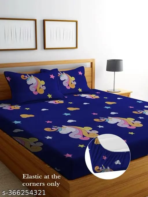 Super Soft Glace Cotton All Round Elastic Fitted Double Bed Bedsheet with 2 Pillow Covers-72x78x8