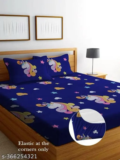 Super Soft Glace Cotton All Round Elastic Fitted Double Bed Bedsheet with 2 Pillow Covers-72x78x8