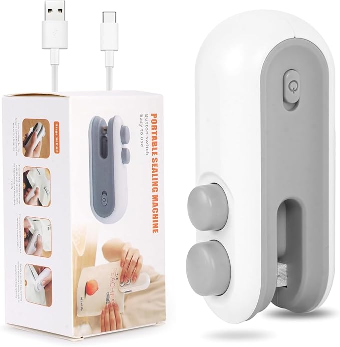 Portable 2-in-1 USB rechargeable mini sealing machine with magnetic heat sealing and cutting for plastic bags, multicolour.