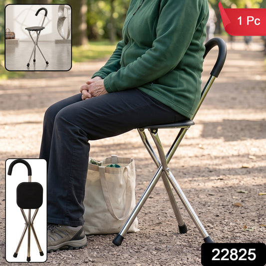 Wukusy folding walking stick with seat, 3-leg cane stool chair support stand, portable mobility aid with seat and handle
