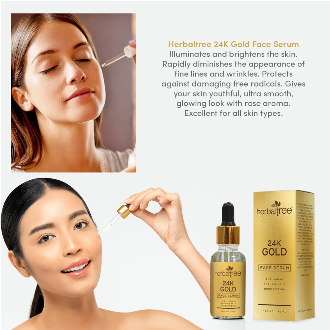 Drpshippr 24K gold face serum bottle for moisturizing, anti-aging, and anti-wrinkle skincare in a 30ml container.