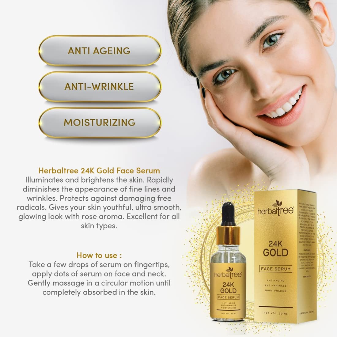 Drpshippr 24K gold face serum bottle, moisturizing, anti-aging, and anti-wrinkle skincare for radiant skin, 30 ml.