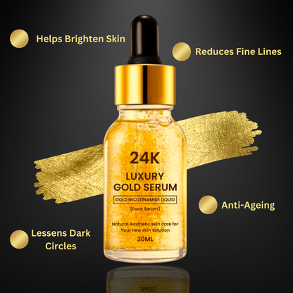 Drpshippr 24K gold luxury face serum in a sleek bottle, designed for skincare and facial care, with a golden hue.