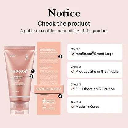 SS Medicube Collagen Overnight Wrapping Peel-Off Facial Mask pack showing the cream texture and peel-off mask applied to skin.