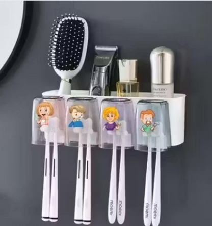 Drpshippr toothbrush holder with adhesive, multi-slot bathroom organizer for toothbrushes, toothpaste, razor, and cup in modern plastic design.