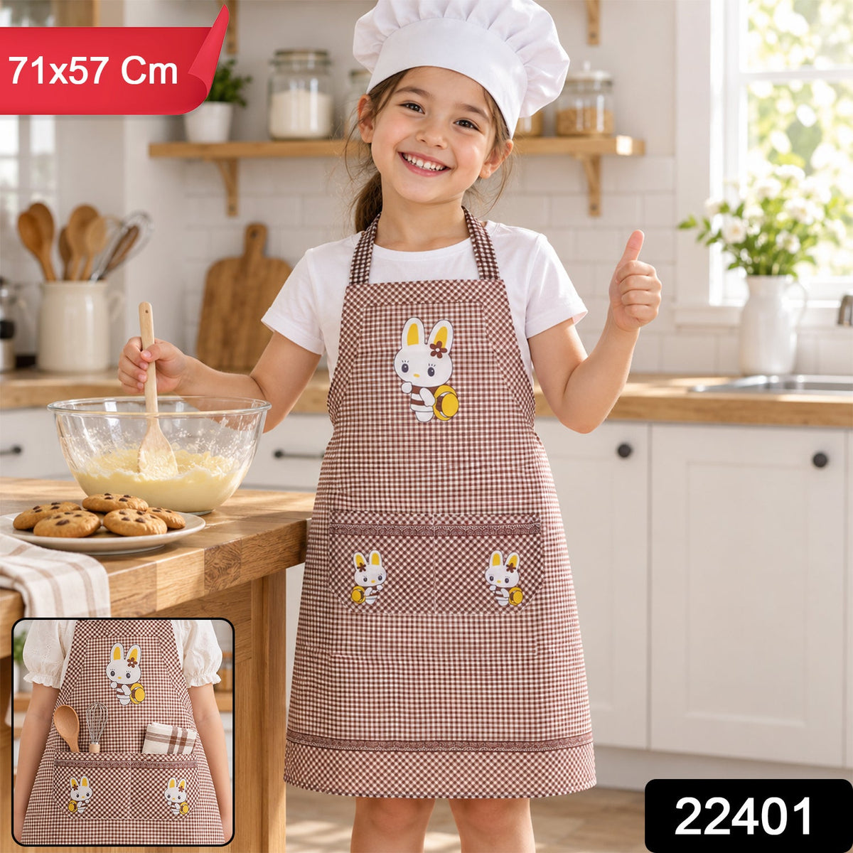 Kids cartoon kitchen cooking apron with front pockets, Wukusy brand, colorful design, 71x57 cm size, suitable for children’s cooking activities.