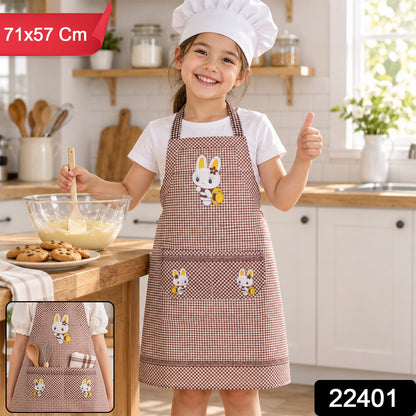Kids cartoon kitchen cooking apron with front pockets, Wukusy brand, colorful design, 71x57 cm size, suitable for children’s cooking activities.
