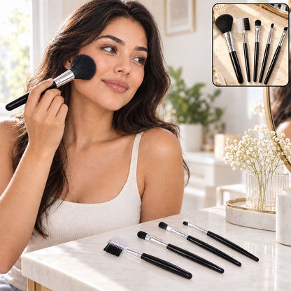 Wukusy 5-piece mini makeup brush set for face, eye, brow, and lip makeup with compact tools, displayed on a white background.