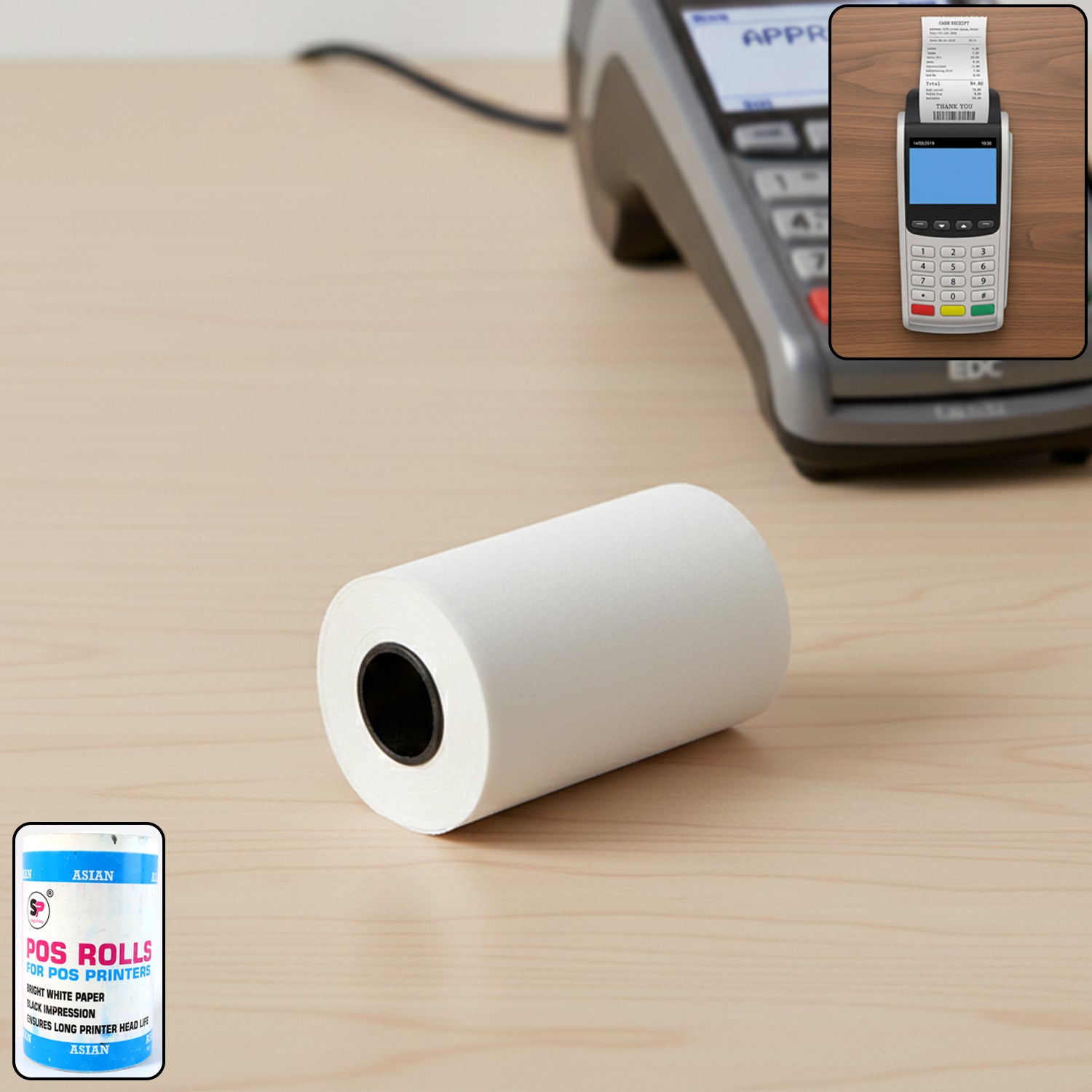 Wukusy thermal label roll for barcode printing, 57x34 cm, with printed barcode labels shown on the roll.