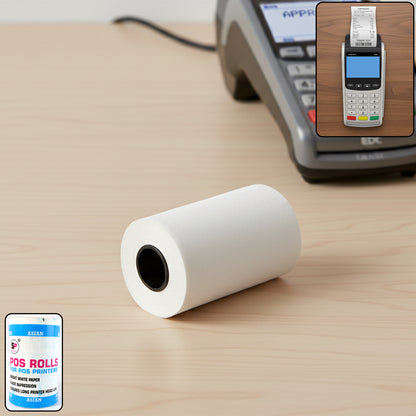 Wukusy thermal label roll for barcode printing, 57x34 cm, with printed barcode labels shown on the roll.