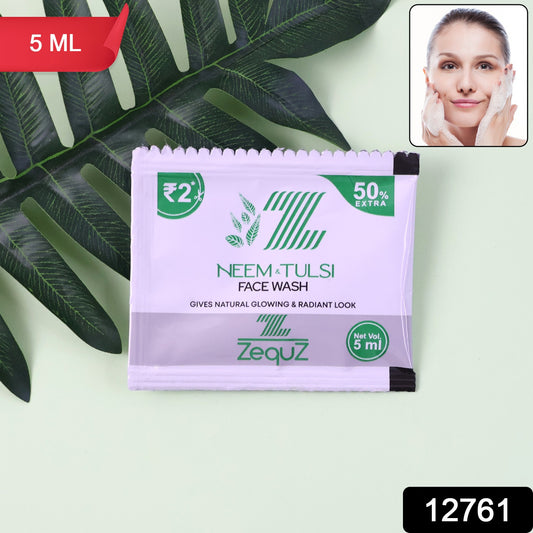 Wukusy Zequz Neem Tulsi herbal face wash sachet, 5ml, featuring natural ingredients and herbal skincare for face cleansing.