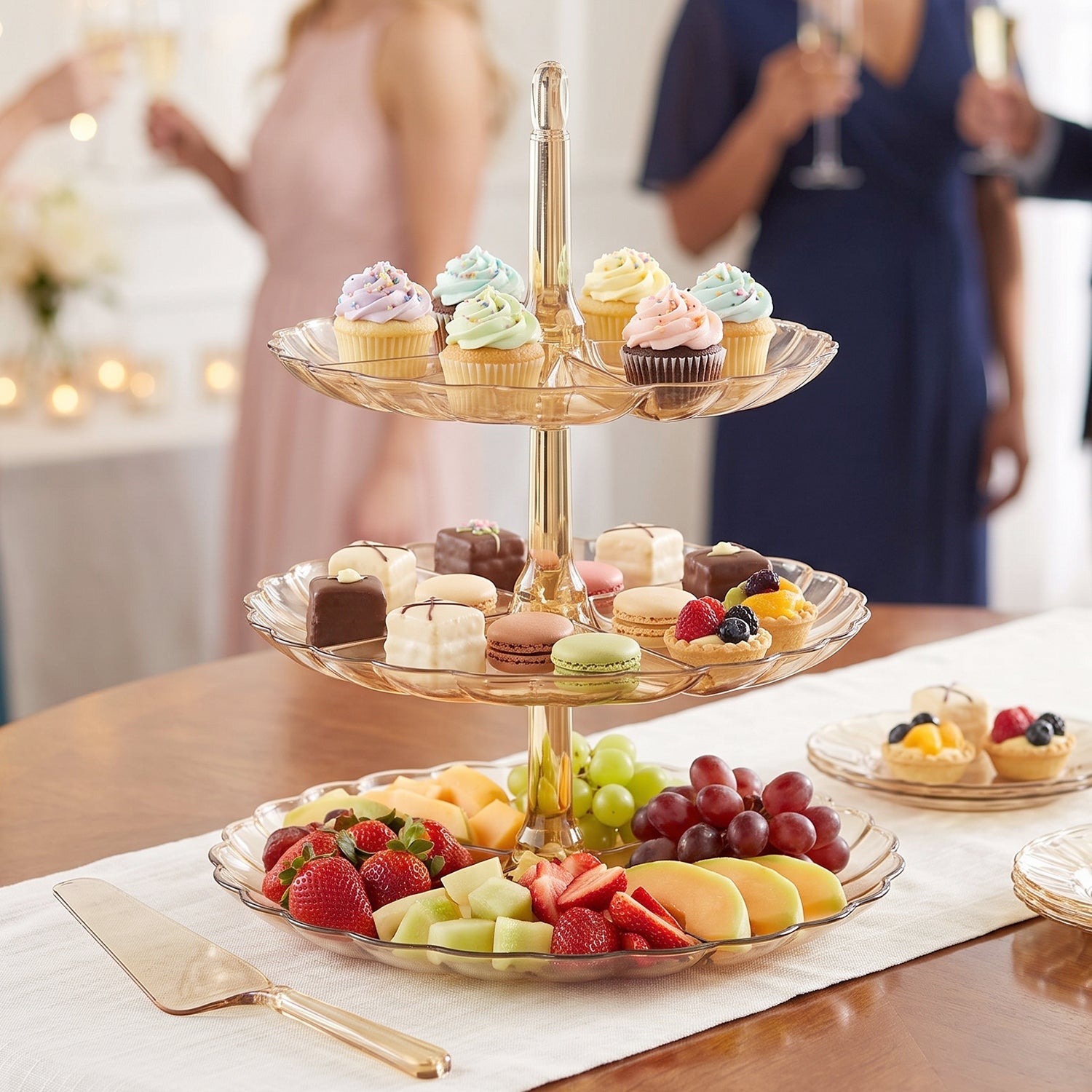 Wukusy acrylic 3-tier snack and dessert serving stand with clear tiers, perfect for parties and home gatherings.
