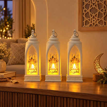 Set of three Wukusy Ramadan flameless LED candle lanterns for hanging and table decor, featuring intricate designs and warm glow.