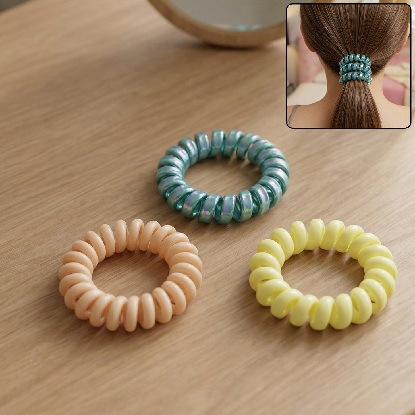 Wukusy premium mix color telephone wire hair band with elastic design, shown wrapped around a model's hair for a secure fit.