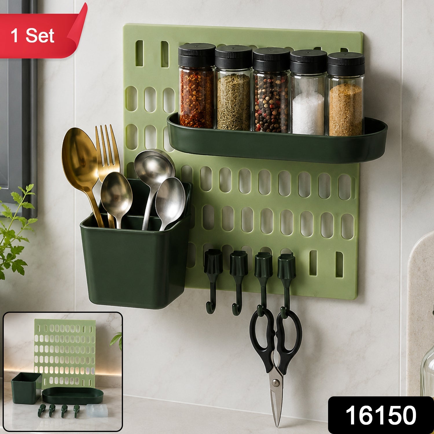 Plastic Wall Mounted Pegboard Kitchen Organizer With Hooks And Tray Set (1 Set)