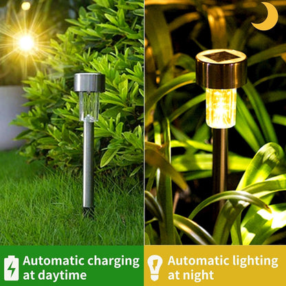 Set of 12 Wukusy solar garden lawn lamps illuminating outdoor space with modern design and energy-efficient solar lighting.