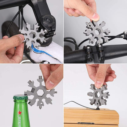 Wukusy 1787 Snowflake multi-tool and stainless steel snowflake-shaped bottle opener on a hardware surface.