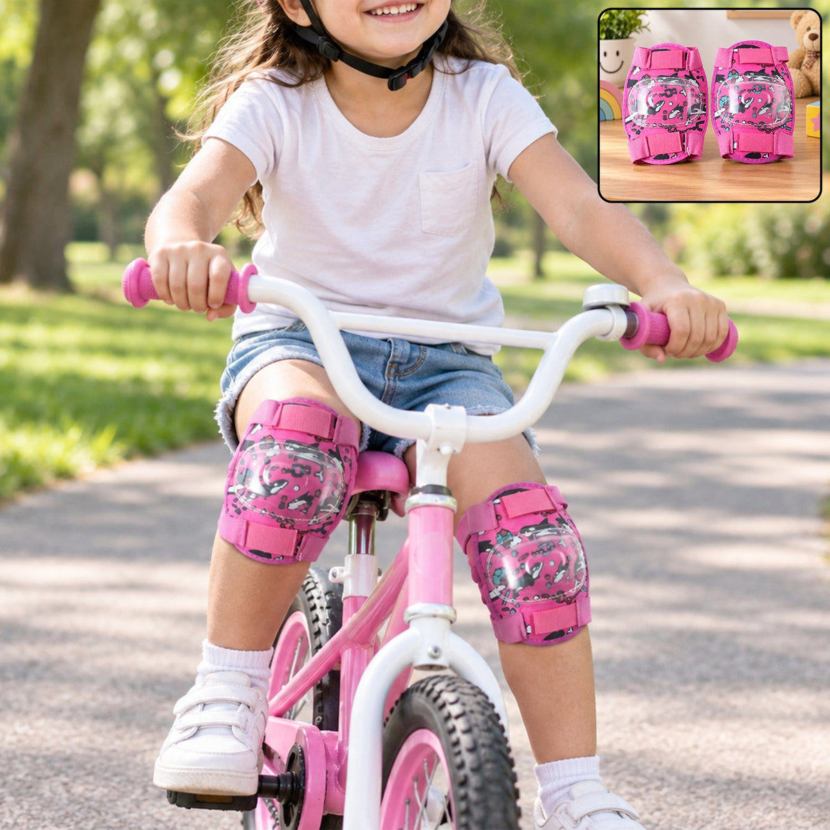 Wukusy adjustable kids knee protection pads for cycling, skating, and scooter play, shown in a pair with colorful straps and padding.