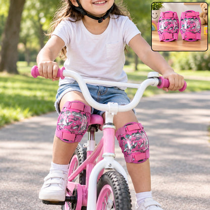 Wukusy adjustable kids knee protection pads for cycling, skating, and scooter play, shown in a pair with colorful straps and padding.