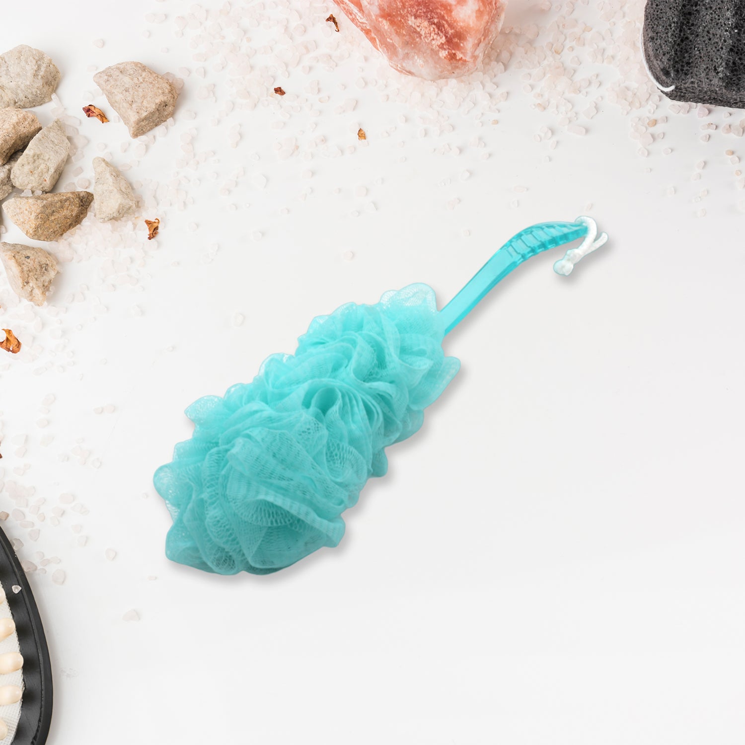 Wukusy 6702a loofah back scrubber with long handle, soft nylon mesh bath sponge for shower and body cleaning.