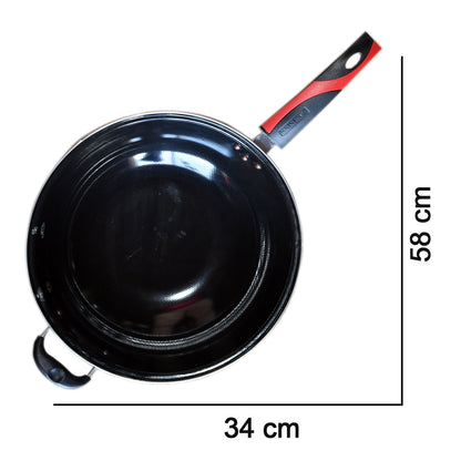 Wukusy premium aluminium fry pan with black handle, kitchen tool for cooking, shown on a clean countertop.