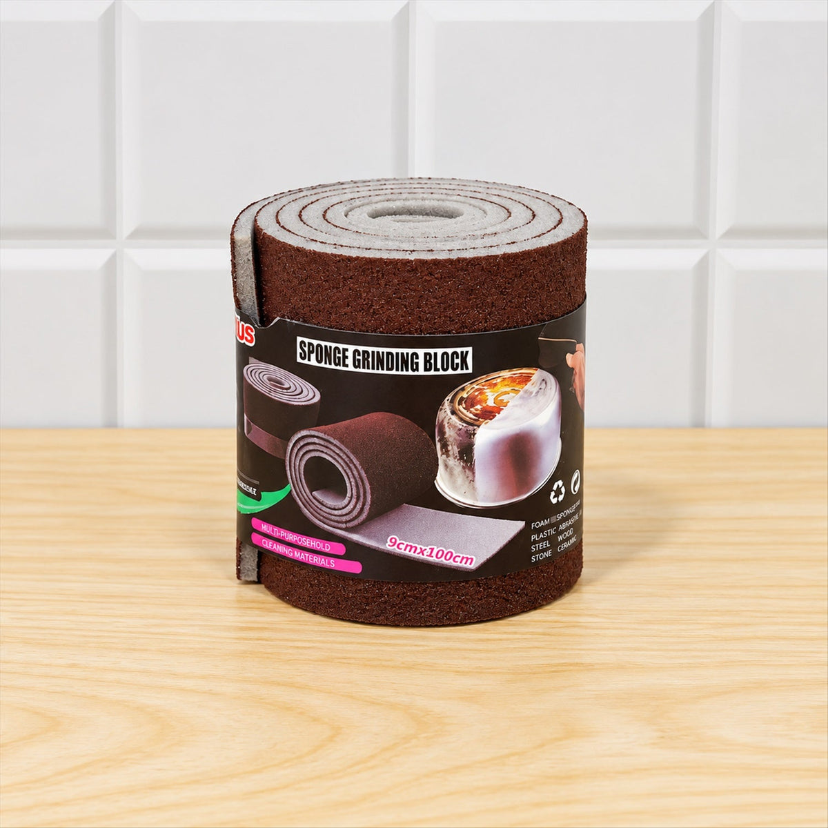 Wukusy abrasive sponge cleaning roll for kitchen pots and pans, 9 x 100 cm, showing the textured scrubbing surface.