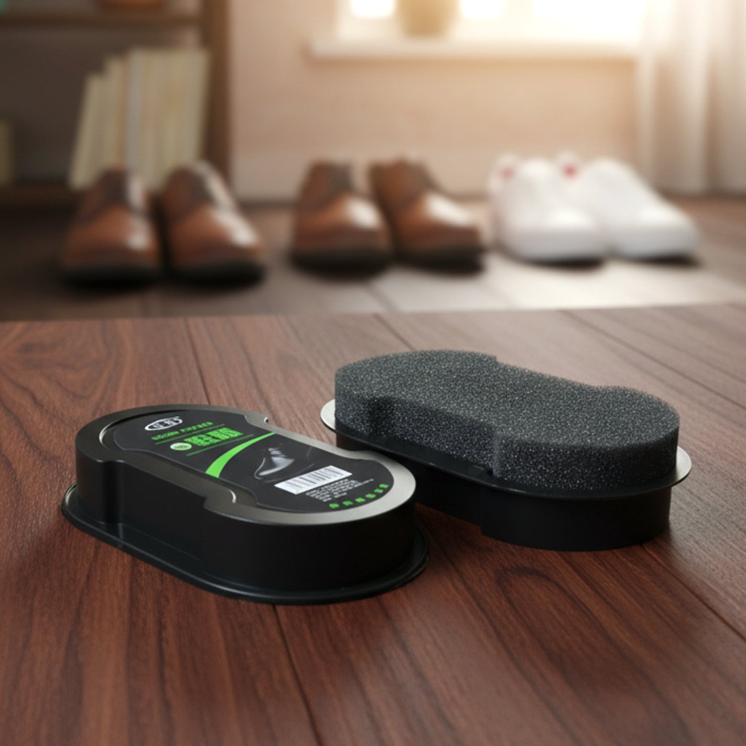 Wukusy instant shoe polish sponge applicator for leather shoes, showing the compact cleaning and polishing tool in black.