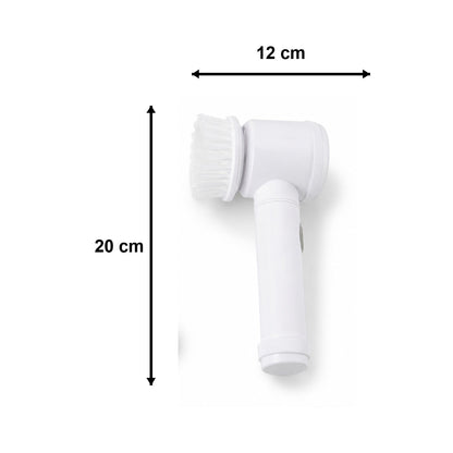 Wukusy 5-in-1 electric rechargeable spin scrubber for bathroom cleaning, showing the versatile cleaning brush and attachments in use.