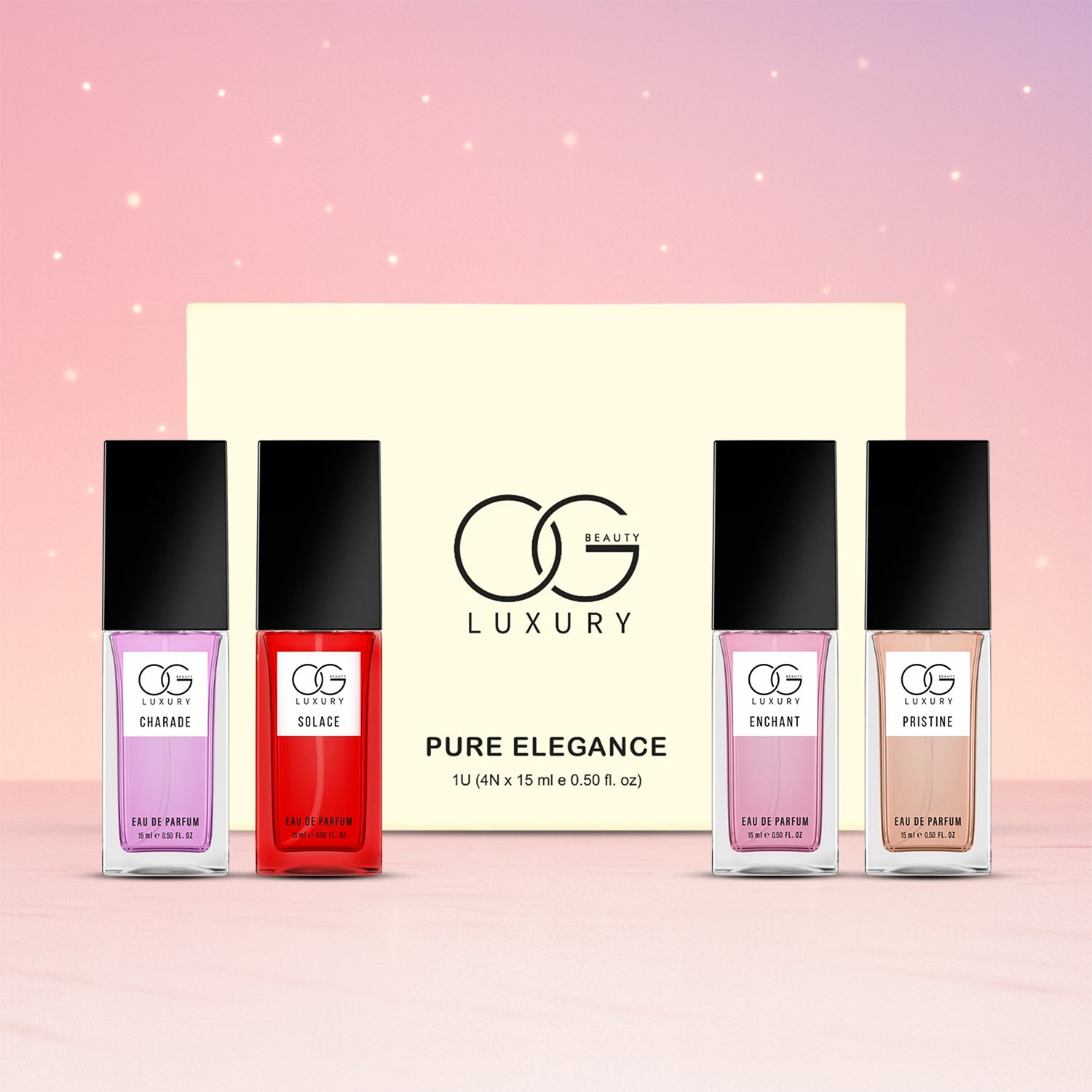 Wukusy Og Beauty Luxury Pure Elegance Eau De Parfum 4-piece set featuring 15ml bottles of elegant fragrance for women.