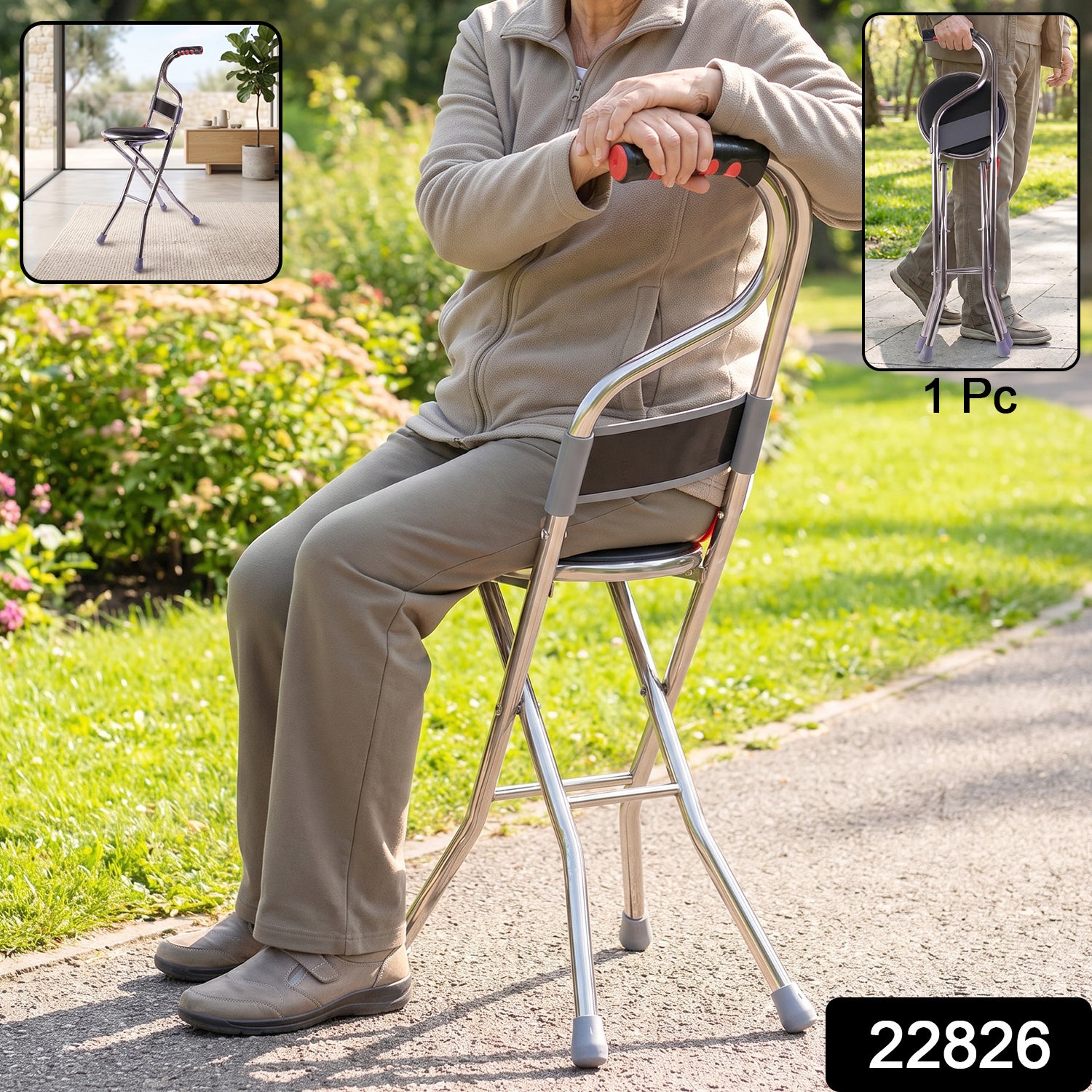 Folding Walking Stick With Seat And Backrest 4 Leg Cane Stool Chair (1 Pc)