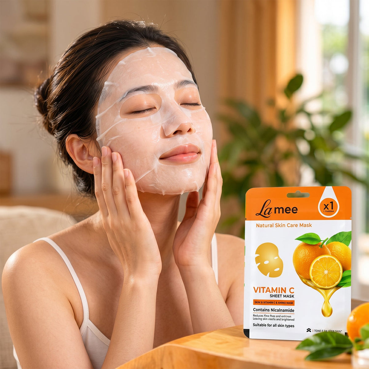 Wukusy Vitamin C facial sheet mask with niacinamide for hydrating skin care, showing the soaked mask on a clean face.