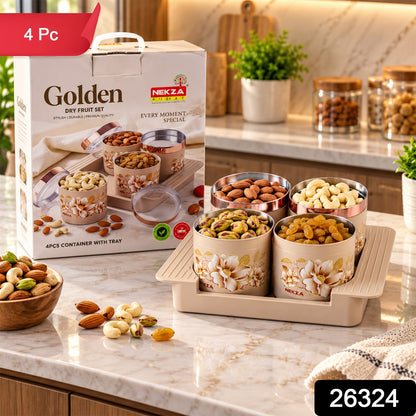 Wukusy golden dry fruit containers with stainless steel inner bowls and serving tray, 4-piece set on a white background.