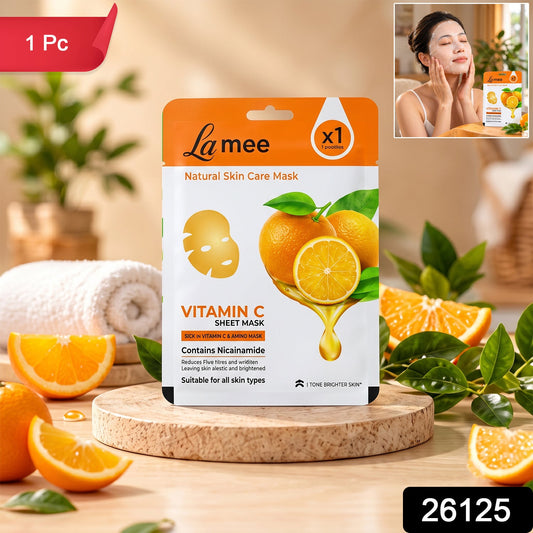 Wukusy Vitamin C facial sheet mask with niacinamide for hydrating skin care, showing the mask applied on a person's face.