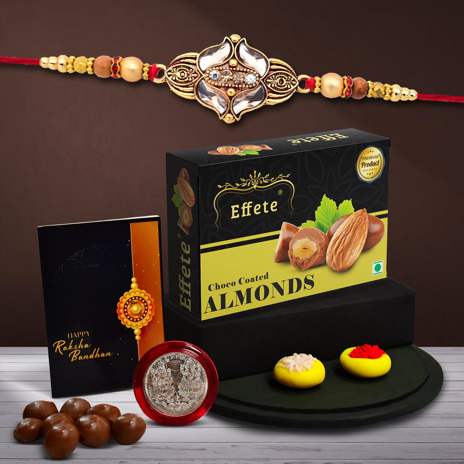 Wukusy Rakhi combo with chocolate almonds, fancy rakhi for men, gift chocolate pack, set of 1 rakhi for brother.