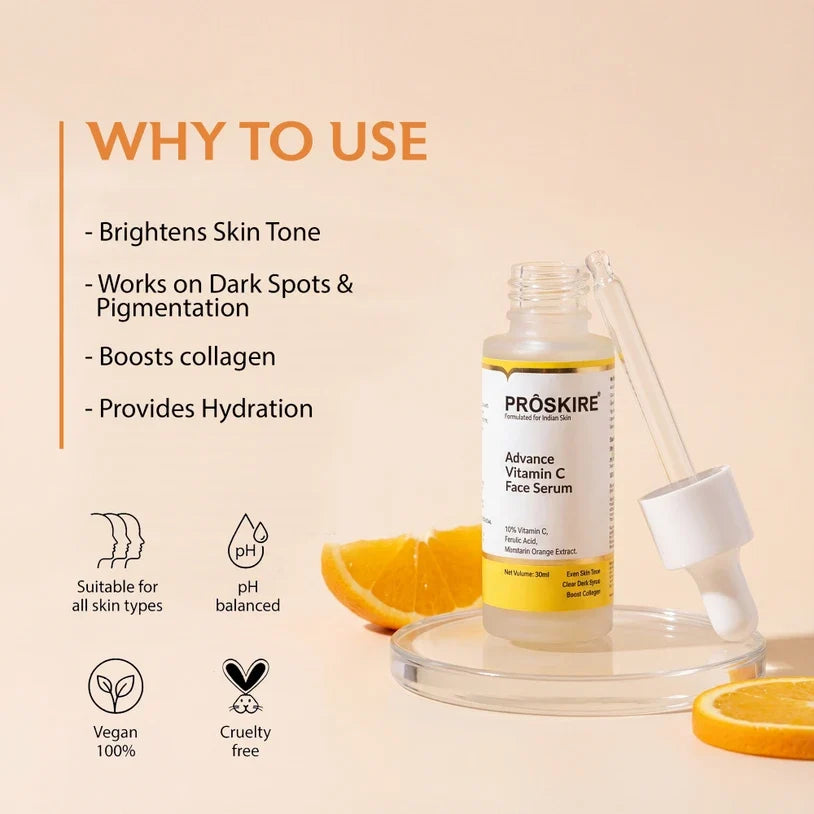 Proskire 10% Advance Vitamin C Serum With Ferulic Acid, For Dark Spots Pigmentation & Glowing Face - 30 ml (Pack of 1)